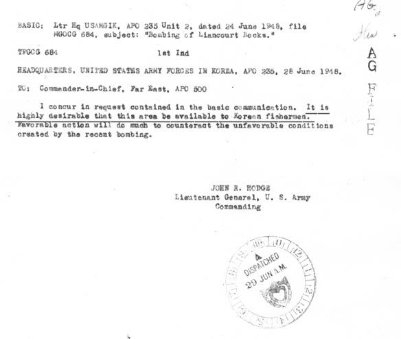 General Hodge&acute;s letter agreeing with Dean&acute;s assertion that Dokdo be available to Korean fishermen