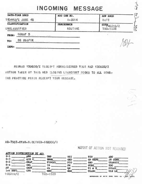FEAF replies with an immediate halt to bombing. &nbsp; Dated 6/16/48.